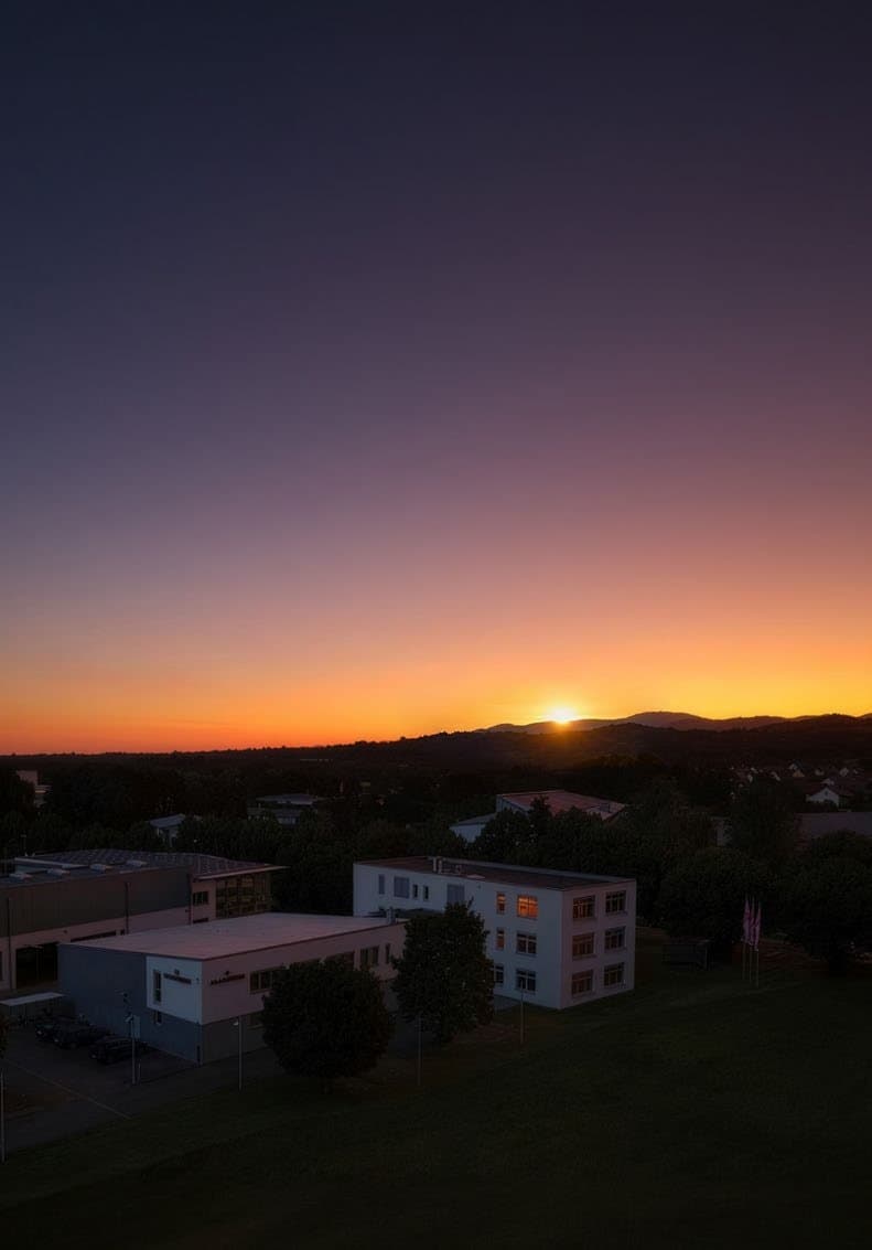 Das Agenturgebäude von GRAFIKTEAM in Offenburg bei Sonnenuntergang