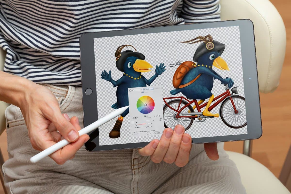 Illustration des Maskottchens Gustav auf einem Tablet